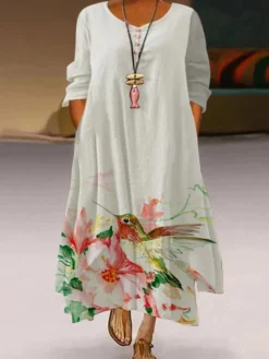 Women‘s Plus Size Curve Holiday Dress Print Crew Neck Long Sleeve Fall Winter Casual Vintage Maxi Long Dress Daily Dress -HANs Plus Size Style Shop wurdle1637670536562