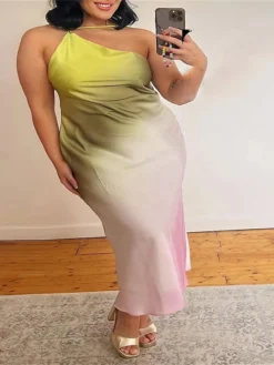 Women's Plus Size Curve Party Dress Sheath Dress Gradient Long Dress Maxi Dress Sleeveless Print One Shoulder Fashion Party Green Fall Winter L XL XXL 3XL 4XL
