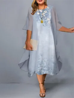 Women‘s Plus Size Curve Casual Dress Dress Set Two Piece Dress Floral Midi Dress 3/4 Length Sleeve Print Crew Neck Fashion Daily Pink Blue Spring Summer L XL XXL 3XL -HANs Plus Size Style Shop wvfgsd1672984790096