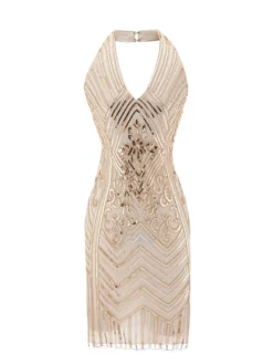 Women's Retro 1920s Sequin Dress Mini Dress Party Halloween Sequins Patchwork Floral Halter Neck Sleeveless Regular Fit Spring Fall 2023 Black Green S M L XL -HANs Plus Size Style Shop wvjxnv1693212149475