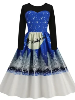 Women's Christmas Swing Dress Vintage DressKnee Length Dress Blue Royal Blue Light Blue Black Long Sleeve Santa Claus Elk Snowman Print Fall Winter Crew Neck Vacation Vintage 2022 S M L XL XXL 3XL