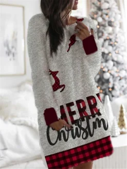 Women's Christmas Hoodie Dress Winter Dress Mini Dress Green Light Red Fuchsia Red Gray White Long Sleeve Plaid Elk Snowflake Pocket Print Winter Fall Hooded Casual Loose Fit 2022 S M L XL XXL 3XL