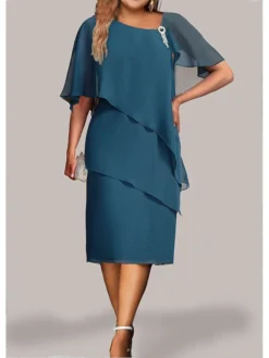 Women's Plus Size Curve Party Dress Cocktail Dress Chiffon Dress Plain Midi Dress Half Sleeve Ruffle Layered V Neck Fashion Party Blue Fall Winter L XL XXL 3XL 4XL