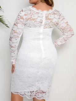 Women‘s Plus Size Curve Party Dress Lace Dress Sheath Dress Solid Color Midi Dress Long Sleeve Lace Crew Neck Modern Party White Summer Spring XL XXL 3XL 4XL 5XL -HANs Plus Size Style Shop wwdken1678868083380