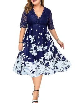 Women‘s Plus Size Curve Party Dress Cocktail Dress Work Dress Midi Dress Black Navy Blue Purple Half Sleeve Floral Lace Summer Spring Fall V Neck Fashion Wedding Guest Vacation Summer Dress 2023 -HANs Plus Size Style Shop wwravq1690275882544