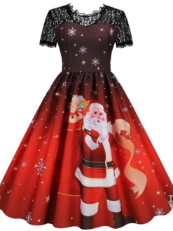 Women's Christmas Casual Dress Swing Dress Midi Dress Green Wine Light Red Fuchsia Red Black Short Sleeve Santa Claus Snowman Snowflake Lace Print Winter Fall Crew Neck Vacation Vintage 2022 S M L XL -HANs Plus Size Style Shop wxfvns1666761923757