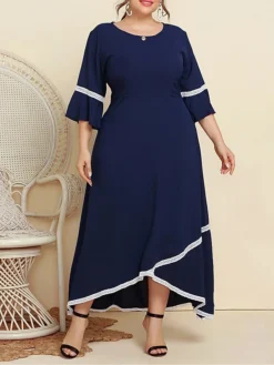 Women's Plus Size Curve Casual Dress Swing Dress A Line Dress Plain Long Dress Maxi Dress 3/4 Length Sleeve Patchwork Plus High Low Crew Neck Fashion Outdoor Dark Blue Fall Winter XL XXL 3XL 4XL -HANs Plus Size Style Shop wxtlvw1695266922312