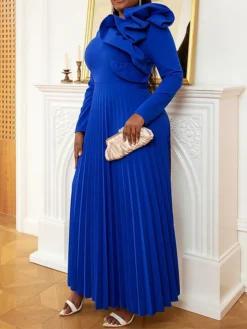 Women's Plus Size Curve Party Dress Work Dress Swing Dress Plain Long Dress Maxi Dress Long Sleeve Pleated Ruffle Crew Neck Fashion Party Blue Fall Winter XL XXL 3XL 4XL -HANs Plus Size Style Shop wxxgcn1694425970930