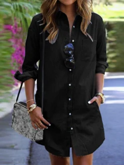 Women's Denim Dress Shirt Dress Shift Dress Mini Dress Outdoor Winter Dress Daily Cotton Denim Casual Shirt Collar Button Pocket Long Sleeve Summer Spring Fall 2023 Regular Fit Black Army Green Dark -HANs Plus Size Style Shop wycqdy1653299660618