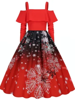 Women's Christmas Swing Dress Slip Dress Vintage Dress Midi Dress Black Wine Light Red Long Sleeve Santa Claus Cold Shoulder Winter Fall Autumn Spaghetti Strap Modern Vacation 2022 S M L XL XXL 3XL -HANs Plus Size Style Shop wyivkr1667793479889