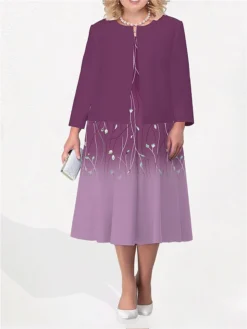 Women's Plus Size Curve Two Piece Dress Set Casual Dress Swing Dress Outdoor Office Fashion Streetwear Print Midi Dress Crew Neck Long Sleeve Floral Ombre Blue Purple Green Fall Winter L XL XXL -HANs Plus Size Style Shop wyknwi1692942822144