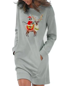 Women‘s Christmas Hoodie Dress Winter Dress Light Blue Grey White Long Sleeve Santa Claus Elk Pocket Print Winter Fall Crew Neck Stylish Casual 2022 S M L XL 2XL / Cotton -HANs Plus Size Style Shop wymnwq1666692065664