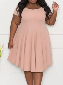 Women‘s Plus Size Curve Casual Dress A Line Dress Solid Color Midi Dress Short Sleeve Ruched Square Neck Fashion Outdoor Black Pink Summer Spring XL XXL 3XL 4XL 5XL -HANs Plus Size Style Shop wynnce1678870576580