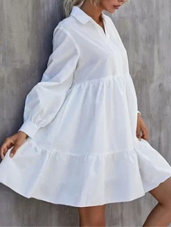 Women's Shirt Dress Casual Dress Tiered Dress Mini Dress Outdoor Daily Cotton Basic Classic Shirt Collar Ruched Button Long Sleeve Summer Spring Fall 2023 Loose Fit Black White Pure Color S M L XL 2XL