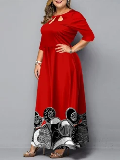 Women‘s Christmas Plus Size Curve Work Dress Semi Formal Dress A Line Dress Fashion Long Dress Maxi Dress Cut Out Print Crew Neck 3/4 Length Sleeve Polka Dot Print Loose Fit Black Red Spring Fall -HANs Plus Size Style Shop wyxzsj1691048934874