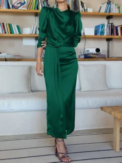 Women's Casual Dress Plain Dress Spring Dress Midi Dress Split Knot Front Work Street Daily Fashion Streetwear Crew Neck Long Sleeve 2023 Regular Fit Black Blue Green Color S M L XL Size -HANs Plus Size Style Shop wzgjix1692617877897