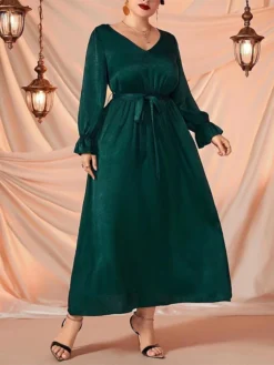 Women's Plus Size Curve Prom Dress Party Dress Wedding Guest Dress Long Dress Maxi Dress Green Long Sleeve Pure Color Lace Up Fall Winter Autumn V Neck Fashion Evening Party Wedding Guest -HANs Plus Size Style Shop wzitod1693210707870