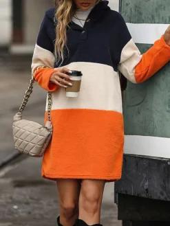 Women's Casual Dress Hoodie Dress Winter Dress Color Block Stripe Patchwork Hooded Mini Dress Active Fashion Daily Date Long Sleeve Regular Fit Orange Fall Autumn S M L XL XXL