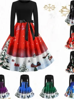 Women's Christmas Knee Length Dress Blue Purple Wine Gray Green Black Red Light Blue Long Sleeve Print Bow Print Fall Winter Round Neck Casual Vintage2021 S M L XL XXL