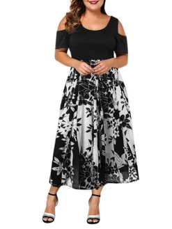 Women‘s Plus Size Curve Casual Dress Skater Dress A Line Dress Floral Long Dress Maxi Dress Short Sleeve Hollow Out Print Crew Neck Fashion Outdoor Black Wine Summer Spring L XL XXL 3XL 4XL -HANs Plus Size Style Shop wzmoai1678257282111