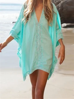 Women's Cover Up Beach Dress Beach Wear Mini Dress Slim Dolman Tropical Fashion Plain V Neck 3/4 Length Sleeve Loose Fit Vacation Going Out White Blue 2023 Summer Spring One Size