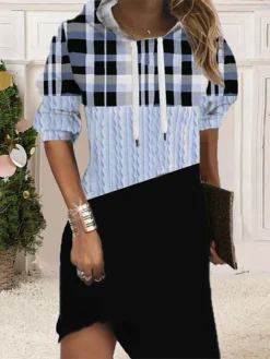 Women‘s Christmas Hoodie Dress Shift Dress Mini Dress Blue Pink Fuchsia Long Sleeve Plaid Print Fall Spring Hooded Daily Vacation Loose Fit 2022 S M L XL XXL 3XL -HANs Plus Size Style Shop wzylcp1668087930028