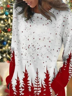 Women's Christmas Casual Dress Sweatshirt Dress Mini Dress Warm Fashion OutdoorHoliday Crew Neck Pocket PrintTree Loose Fit Burgundy Green S M L XL XXL -HANs Plus Size Style Shop xabnwf1695644505067