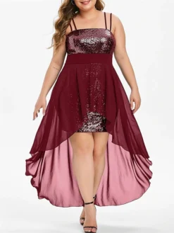 Women‘s Plus Size Curve Party Dress Sequin Dress Slip Dress Sequin Color Block Midi Dress Sleeveless Patchwork Plus High Low Strap Fashion Party Black Wine Summer Spring L XL XXL 3XL 4XL -HANs Plus Size Style Shop xadzcw1678785657846