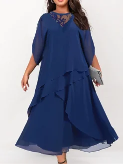 Women‘s Plus Size Curve Work Dress Chiffon Dress Swing Dress Solid Color Long Dress Maxi Dress Half Sleeve Lace Layered Crew Neck Fashion Outdoor Blue Spring Summer L XL XXL 3XL 4XL