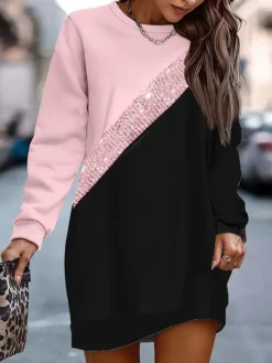 Women's Casual Dress Sweatshirt Dress Winter Dress Geometric Color Block Print Crew Neck Mini Dress Fashion Streetwear Outdoor Daily Long Sleeve Loose Fit Pink Blue Apricot Fall Winter S M L XL XXL