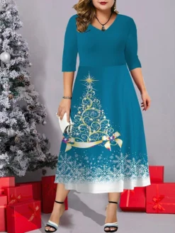 Women's Christmas Plus Size Curve Casual Dress Work Dress Swing Dress Christmas Tree Snowflake Midi Dress Half Sleeve Pocket Print V Neck Fashion Outdoor Wine Navy Blue Fall Winter L XL XXL 3XL 4XL -HANs Plus Size Style Shop xakuzg1695713707421
