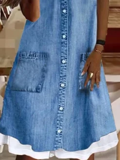 Women's Denim Dress Casual Dress Midi Dress Denim Fashion Modern Outdoor Daily Vacation U Neck Button Pocket Short Sleeve Summer Spring 2023 Regular Fit Blue Plain S M L XL 2XL -HANs Plus Size Style Shop xaxckl1680775257956