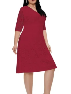 Women‘s Plus Size Curve Party Dress Lace Dress White Dress Solid Color Midi Dress Half Sleeve Lace V Neck Fashion Party White Red Summer Spring XL XXL 3XL 4XL 5XL -HANs Plus Size Style Shop xaxxzz1681204551567