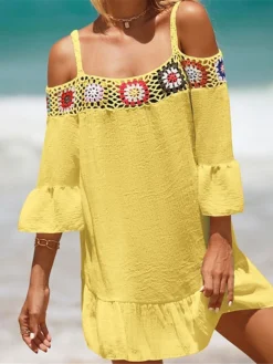 Women's Cover Up Beach Dress Beach Wear Mini Dress Ruffle Backless Ethnic Casual Floral Spaghetti Strap 3/4 Length Sleeve Loose Fit Outdoor Daily Black White 2023 Spring Summer One Size -HANs Plus Size Style Shop xbgpbr1672903081354