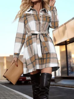 Women's Casual Dress Winter Dress Plaid Dress Mini Dress Lace Up Pocket Street Holiday Vacation Fashion Streetwear Shirt Collar Long Sleeve 2023 Loose Fit Light Pink Black Yellow Color S M L XL Size -HANs Plus Size Style Shop xbkpxd1692687491675