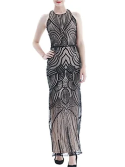 Women's Retro 1920s Sequin Dress Long Dress Maxi Dress Party Evening Party Sequins Backless Geometric Halter Neck Sleeveless Regular Fit Spring Fall 2023 Black Gold S M L XL -HANs Plus Size Style Shop xbpogo1692942406194
