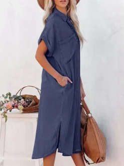 Women's Casual Dress Denim Shirt Dress Midi Dress Denim Fashion Casual Outdoor Daily Vacation Shirt Collar Button Pocket Short Sleeve Summer Spring Fall 2023 Loose Fit Navy Blue Blue Sky Blue Plain S -HANs Plus Size Style Shop xbpwqx1675073412523