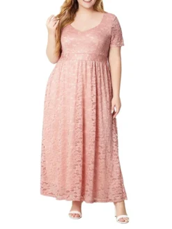 Women's Plus Size Curve Party Dress Lace Dress Sheath Dress Solid Color Long Dress Maxi Dress Short Sleeve Lace Ruched V Neck Fashion Wedding Pink Dark Blue Spring Fall XL XXL 3XL 4XL 5XL -HANs Plus Size Style Shop xcgeid1693533320449