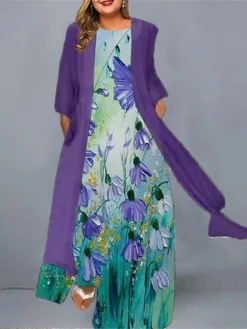 Women‘s Plus Size Curve Casual Dress Dress Set Two Piece Dress Floral Long Dress Maxi Dress 3/4 Length Sleeve Print Crew Neck Fashion Daily Purple Green Spring Summer L XL XXL 3XL 4XL -HANs Plus Size Style Shop xcivmv1672987353021