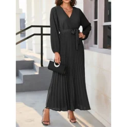 Women's Swing Dress Plain Dress Long Dress Maxi Dress Lace Up Pleated Daily Holiday Date Fashion Modern V Neck Long Sleeve 2023 Regular Fit Black Yellow Blue Color S M L XL XXL Size