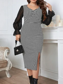Women‘s Plus Size Curve Party Dress Cocktail Dress Bodycon Midi Dress Black Long Sleeve Print Mesh Spring Fall Winter V Neck Fashion Winter Dress Birthday Wedding Guest 2023 XL XXL 3XL 4XL