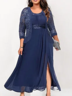 Women's Plus Size Curve Party Dress Lace Dress Dress Set Plain Long Dress Maxi Dress 3/4 Length Sleeve Lace Patchwork Crew Neck Fashion Party Navy Blue Fall Winter L XL XXL 3XL 4XL