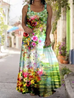 Women‘s Plus Size Curve Casual Dress Strap Dress Floral Coconut Tree Long Dress Maxi Dress Sleeveless Print Strap Fashion Outdoor Navy Blue Blue Summer Spring L XL XXL 3XL 4XL -HANs Plus Size Style Shop xdgwij1684480037941