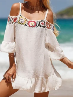 Women's Cover Up Beach Dress Beach Wear Mini Dress Ruffle Backless Ethnic Casual Floral Spaghetti Strap 3/4 Length Sleeve Loose Fit Outdoor Daily Black White 2023 Spring Summer One Size