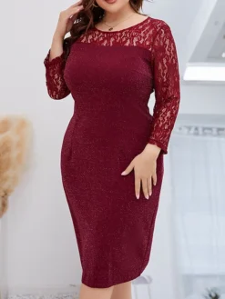 Women‘s Plus Size Curve Party Dress Lace Dress Cocktail Dress Midi Dress Wine Long Sleeve Pure Color Lace Spring Fall Winter Crew Neck Fashion Winter Dress Birthday Wedding Guest 2023 -HANs Plus Size Style Shop xdopgi1691999687311
