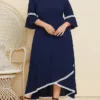 Women's Plus Size Curve Casual Dress Swing Dress A Line Dress Plain Long Dress Maxi Dress 3/4 Length Sleeve Patchwork Plus High Low Crew Neck Fashion Outdoor Dark Blue Fall Winter XL XXL 3XL 4XL