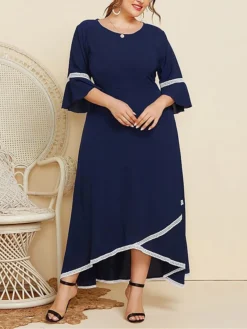 Women's Plus Size Curve Casual Dress Swing Dress A Line Dress Plain Long Dress Maxi Dress 3/4 Length Sleeve Patchwork Plus High Low Crew Neck Fashion Outdoor Dark Blue Fall Winter XL XXL 3XL 4XL