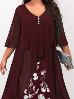 Women's Plus Size Curve Work Dress Floral V Neck Ruched 3/4 Length Sleeve Spring Summer Work Elegant Midi DressLayered Formal Vacation Dress -HANs Plus Size Style Shop xdredp1669975971360