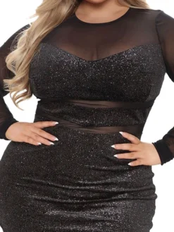 Women‘s Plus Size Curve Party Dress Solid Color Crew Neck Ruched Long Sleeve Fall Spring Casual Sequins Prom Dress Short Mini Dress Casual Vacation DressSequin DressMesh -HANs Plus Size Style Shop xdrxkm1639123299952