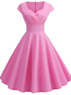 Women's Swing Dress Vintage Tea Dresses Midi Dress Black Yellow Pink Short Sleeve Pure Color Ruched Spring Summer Crew Neck Vintage Daily Weekend Slim S M L XL XXL -HANs Plus Size Style Shop xdtjka1664533527823